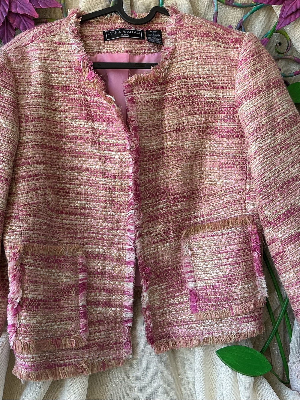 Harris Wallace Pink Tweed Fringe Open-Front Suit Style Jacket